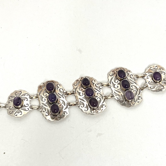 Handmade Lazer Cut Genuine Mined Amethyst Cabochon Filigree Bracelet - Picture 2 of 3